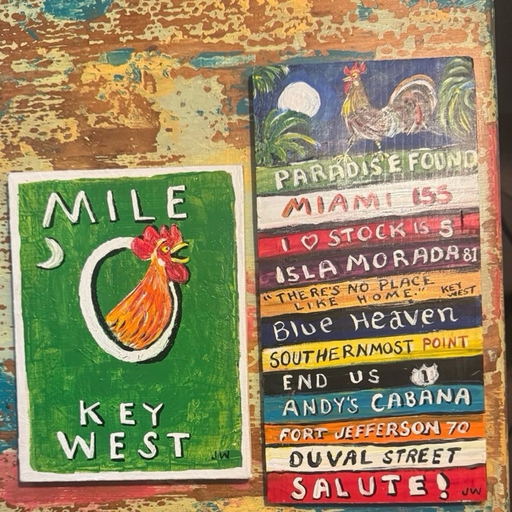 Key West Mile 0 Rooster painting, original acrylic, Blue Heaven, Jesse Wagner